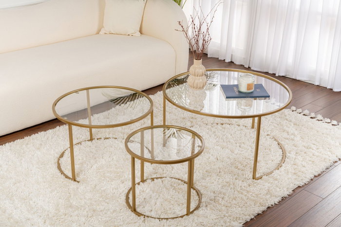 Aurum Juego de 3 Mesas de Café Redondas 80, 60, 42 cm Doradas y Transparentes